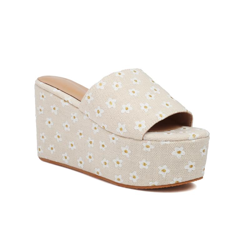 

ANNYMOLI Жіночі шльопанці з круглим носком і плоскою платформою на високих підборах тапочки з квітковими квітами Сексуальне жіноче модне взуття Літній чорний бежевий 46 39 бежевий