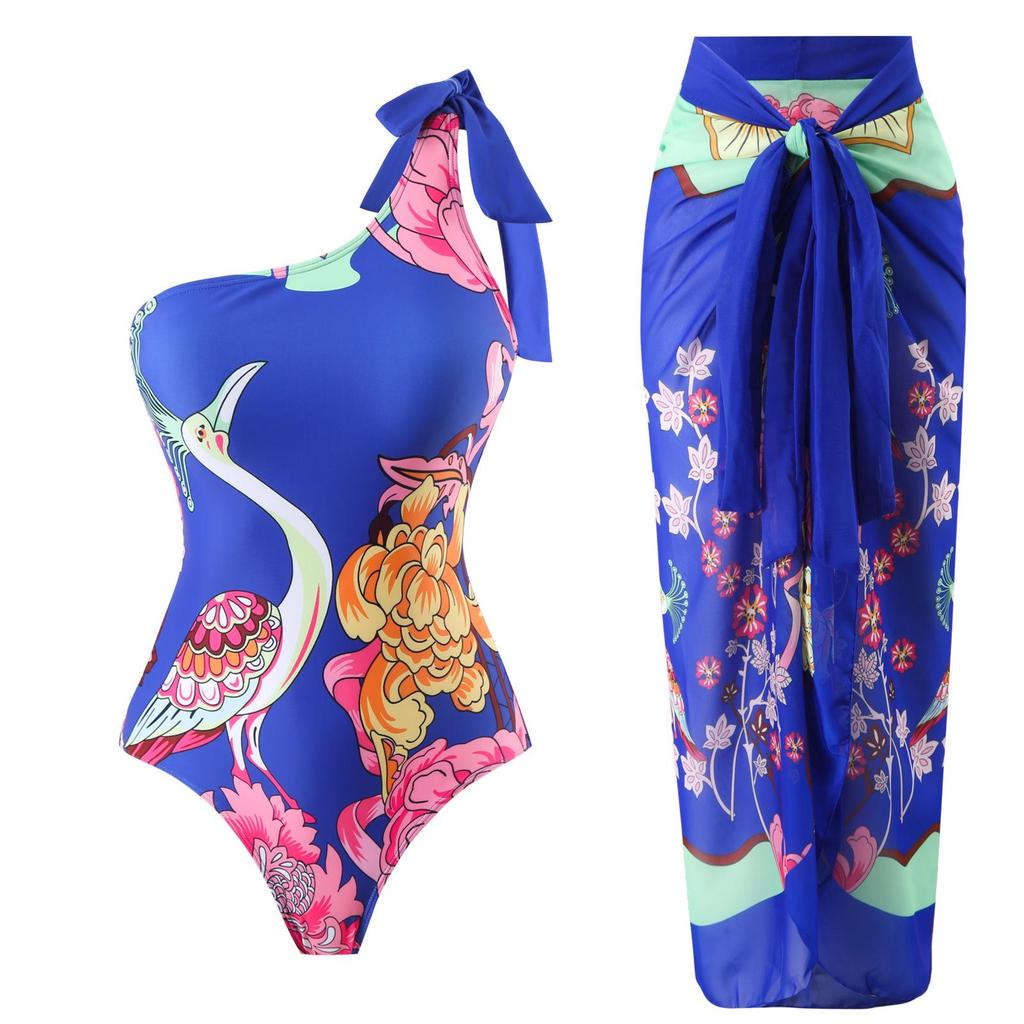 Chiffon Langrock Set: Europäischer & Amerikanischer Einteiler-Badeanzug mit bedrucktem Oberteil, Bikini-Bademode