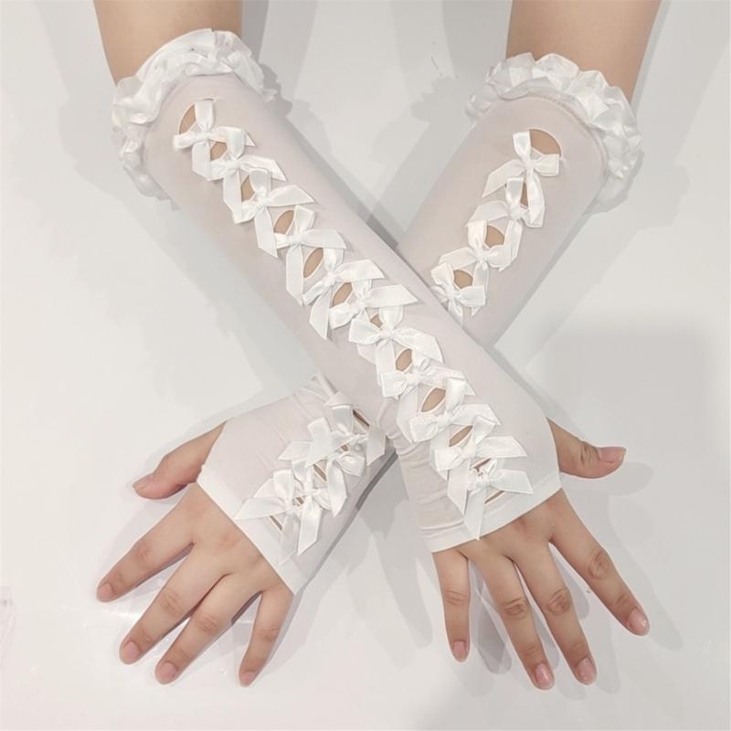 Lace Bowknot Anime Sun Protection Gloves Sun Blocking Soft Hollowed Arm Sleeves For Women Outdoor Daily Use