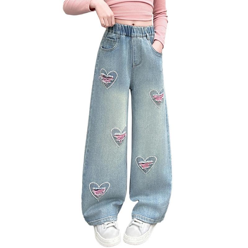Kids Girls  Heart-Embroidered Relaxed-Fit Jeans Casual Pants 140