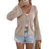 Women Beige Crochet Knit Bell Sleeve Tie Front Cardigan