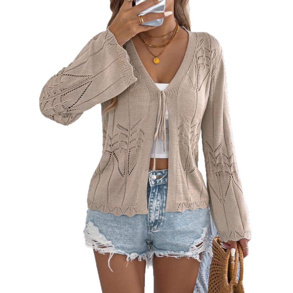 Women Beige Crochet Knit Bell Sleeve Tie Front Cardigan