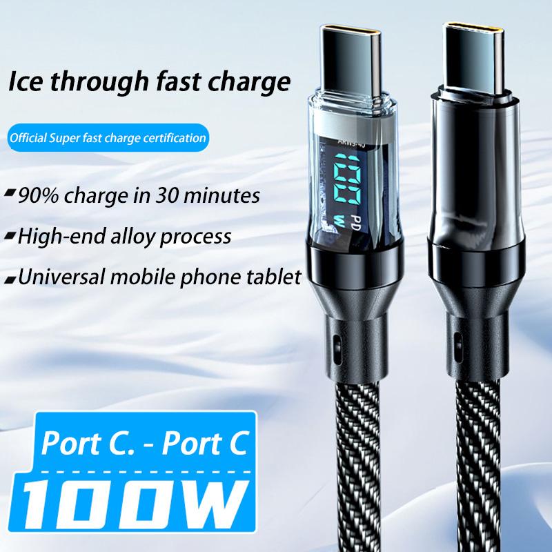 Ultra-Super Fast Charge Cable-6A 120W USB A To Type C Nylon Data Cord For Xiaomi Redmi Samsung With Led Digital Display Cable