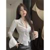 Women's White V-Neck Long-Sleeve Blouse - French Chic, Slimming Ruched Design for Autumn & Summer