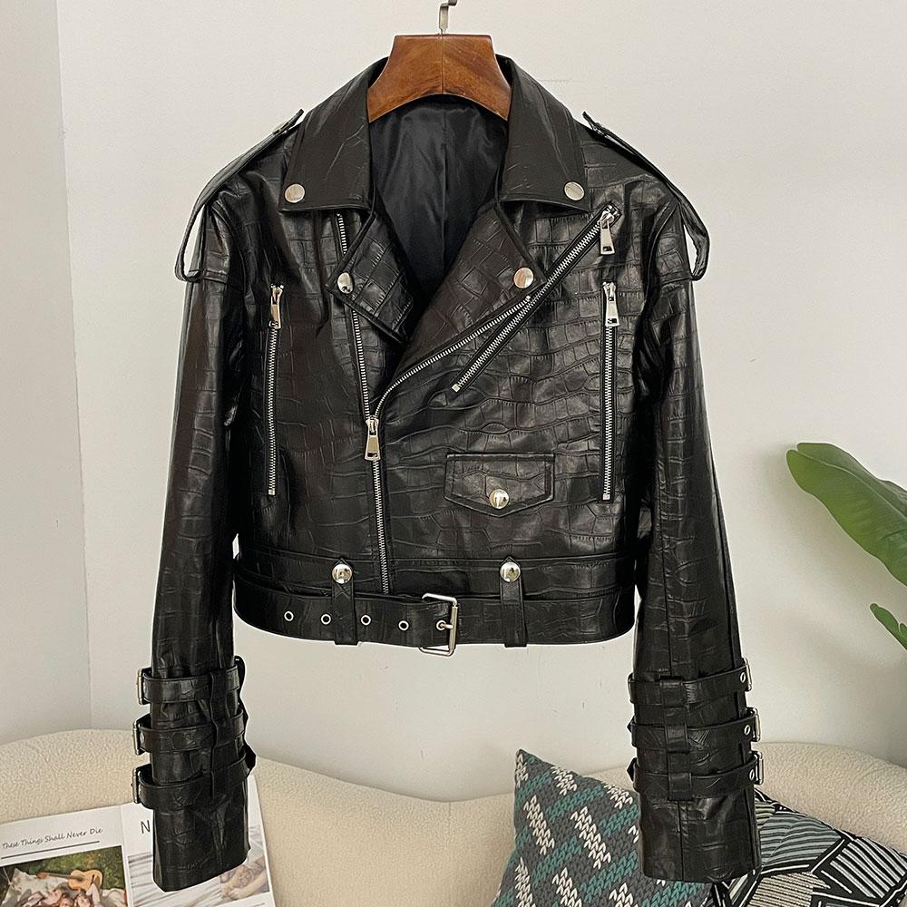 OFTBUY Women Vintage Loose Real Genuine Leather Short Jacket Tie Cuff Motorcycle Jacket Female Zipper Retro Moto Biker Coat Outwear Tops