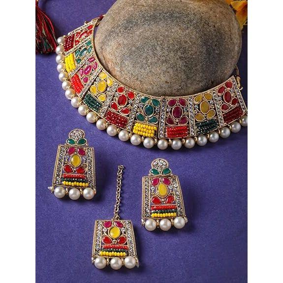 Adorable Unique Stylish Rani Pink Stone Studded With Pearls Choker Necklace Set For Women