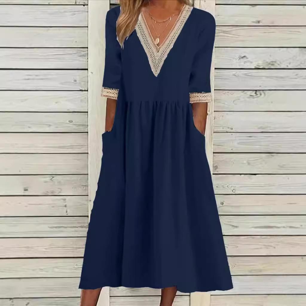 European & American Plus Size Women's Loose Cotton Linen Floral Lace V-Neck Mid-Length Dress with Five-Point Sleeves