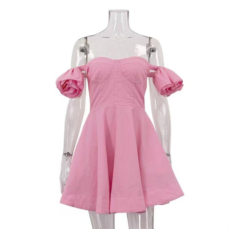 

Fashion Fashion Flowers Stitching Sexy Backless Tube Top Dress Spinning Flower Sexy Dress Pink S