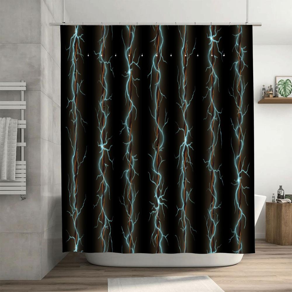 Modern Electric Lightning Shower Curtain Waterproof Fabric Decorative Bath Curtains Black Background With White Stripes In Vario