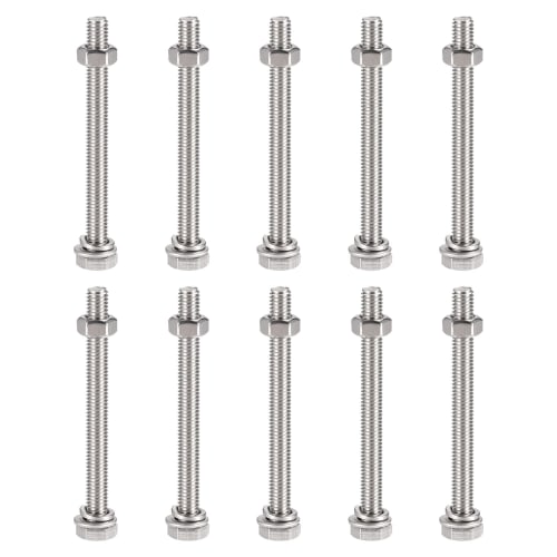 uxcell Hex Bolts, Nuts, Hex Head Screws, Flat & Lock Washer Kit, 304 Stainless Steel, Full Hex Bolt Thread, M6 X 70mm, 10-Pack