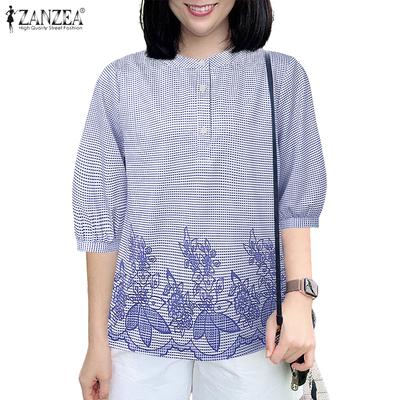 Women Summer Round Neck Half Sleeve Casual Retro Print Blouse