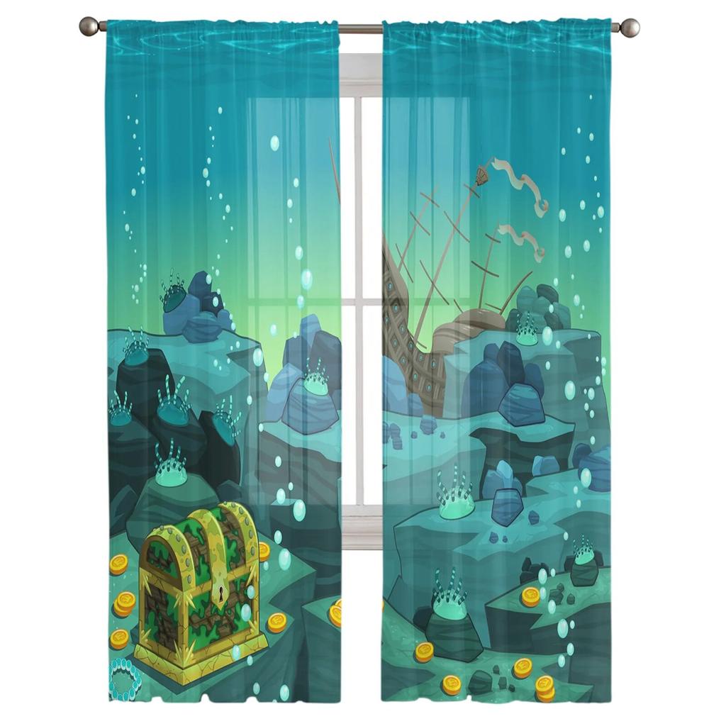 Skrzynia skarbów morski statek piracki tiulowe zasłony balkon pokój moda z nadrukiem przezroczysta zasłona okno salonu nowoczesny wystrój