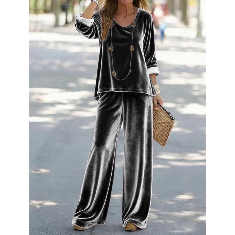 New Women's Casual V-neck Pullover Long Sleeves and Trousers Velvet Multi-color Women's Suit