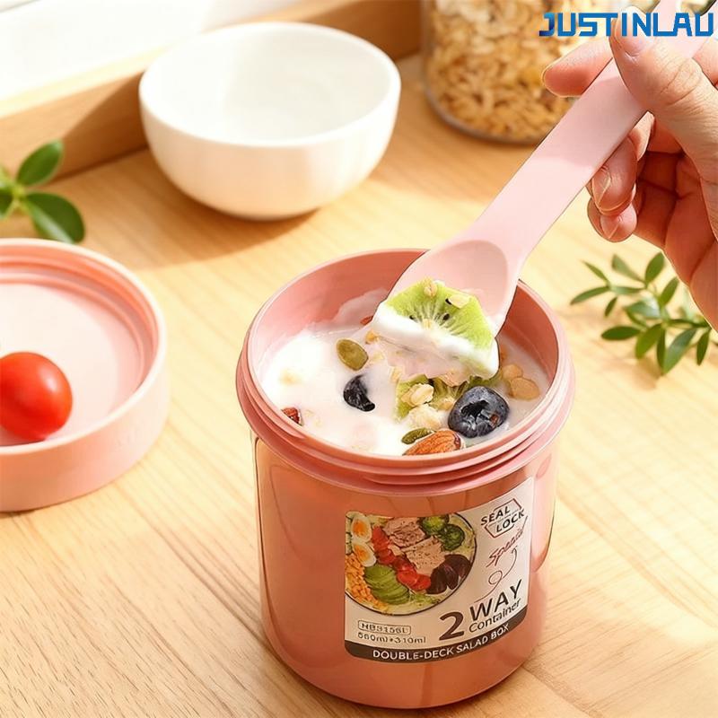  790ml/990ml Salad Oatmeal Cup Breakfast Double Cup Cereal Nut Yogurt Container Set With Dressing Holder Fork