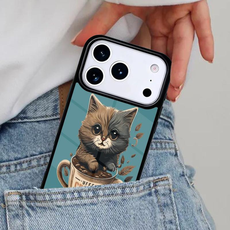 Cute Animal Cat Coffee Phone Case for iPhone 16e 15 14 13 12 17 Pro Max Plus Air 17pro Cover Coque