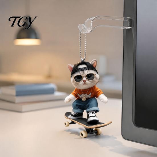 Street Fashion Car Pendant Skateboard Cat Hanging Ornament, 2D Flat Acrylic Rearview Office Workstation Ornament Mirror Decor, Trendy Skate