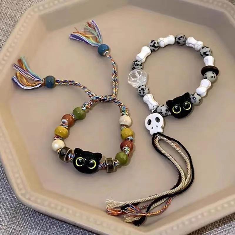 2025 High-End Colorful Braided Rope Cat Bracelet with Beads - New Cartoon Design, Summer Niche Accessory