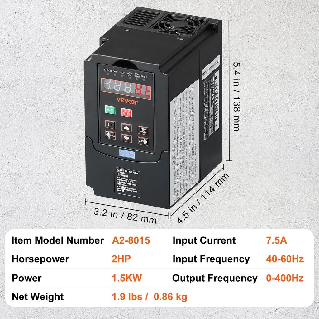 VFD 2HP, 1.5KW, 7.5Amps 220V 1 or 3 Phase Input to 3 Phase Output 0-400Hz