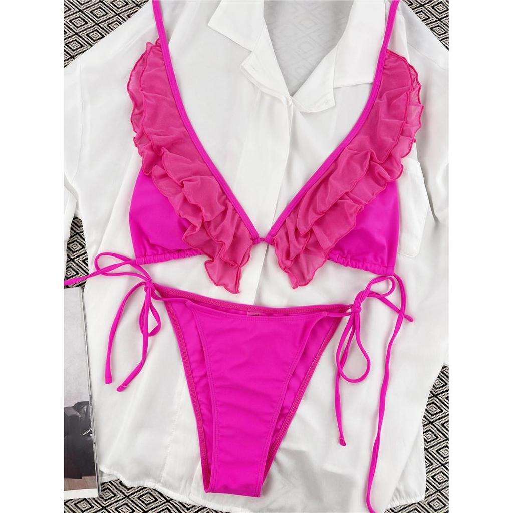 3 farben Rüschen Tiefem V Halter Bikini Frauen Bademode Weiblichen Badeanzug Zwei-stück Bikini set Badende Badeanzug schwimmen Dame