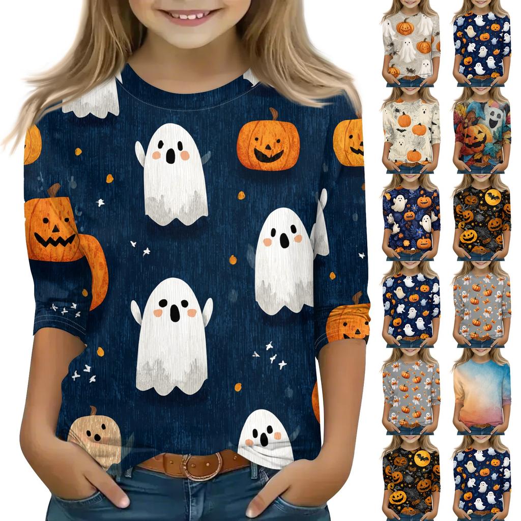 Print Tops For Youth Girls 5-16 Years Round Neck 3/4 Sleeves T-Shirts Trendy Tops Outfit Tees