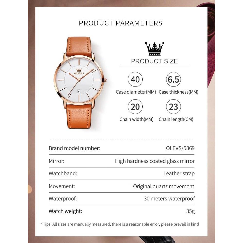 OLEVS Men's Watch 40mm Slim Case Date Display 30m Water Resistance Leather-Look Band Business Casual Multi-Color Lightweight 35g Fashion