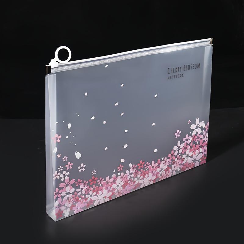4pcs A4 Zipper File Bag Transparent Pink Cherry Blossom Pattern Office Home Travel Document Lightweight Storage and Organization