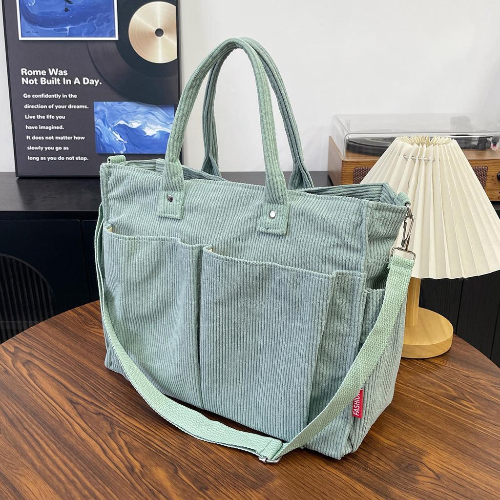 Corduroy Shoulder Tote Bag For Women Large Capacity With Zipper Closure For Daily Use
