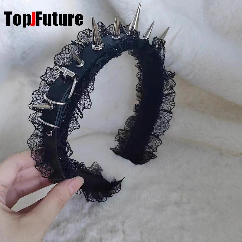 Subculture Y2K GIRL Women s Harajuku Steampunk Gothic Lolita Punk Dark lace rivet Pointed nail black eadband hair band Accessory чёрный