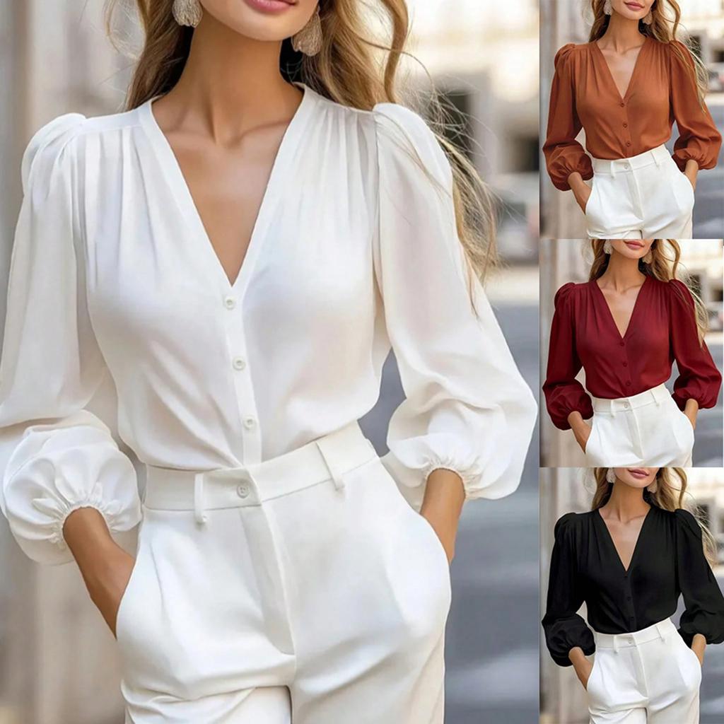 Women's Fashionable Casual Loose-Fitting Stylish Button-Down V-Neck Shirt Top