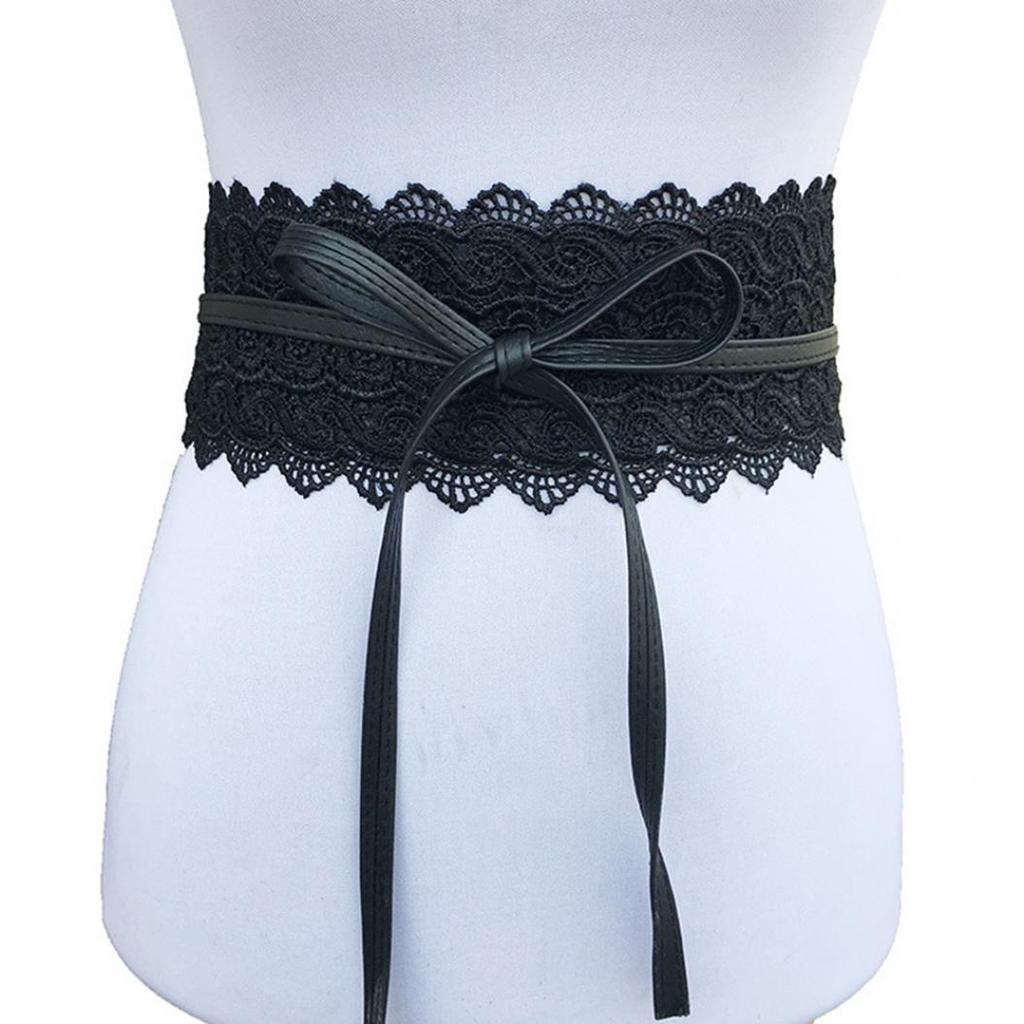 Fashion Women Dress Bowknot Faux Leather Lace Wide Decor Belt Girdle Waist Band EMA