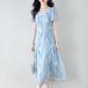 French Blue Embroidered Floral Dress Women Summer Vintage Waist Tie Floral Dress