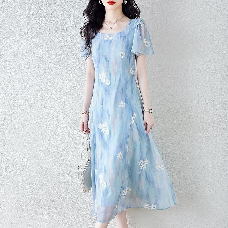 French Blue Embroidered Floral Dress Women Summer Vintage Waist Tie Floral Dress