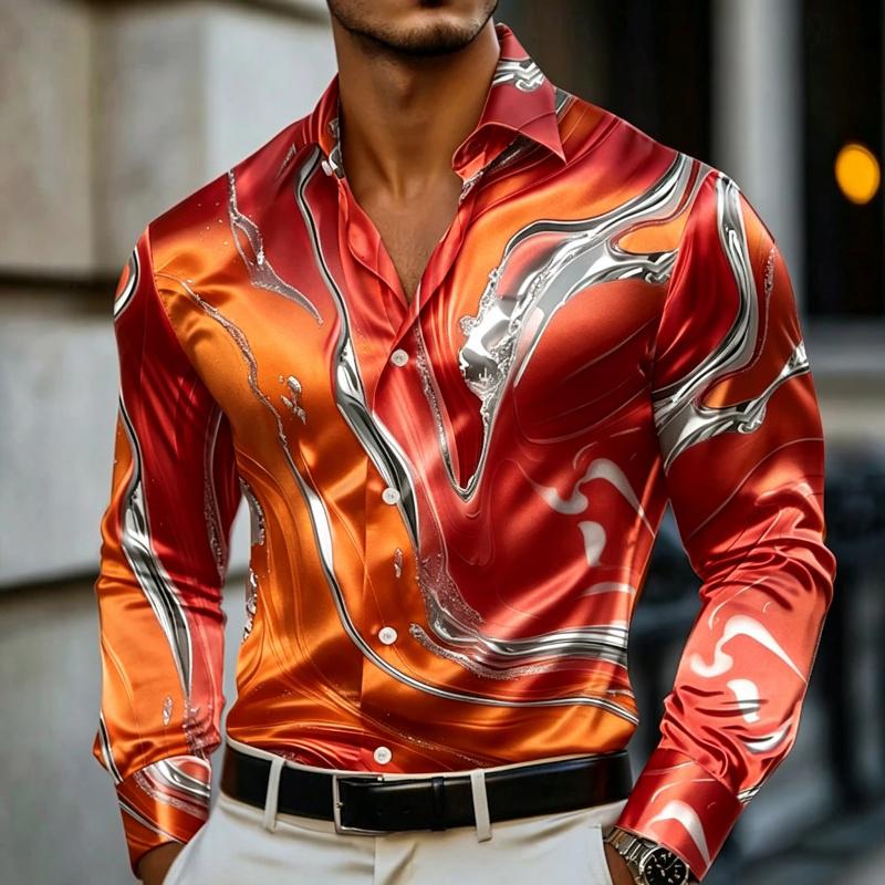 Camisa de Manga Larga Estampada con Arte Fluido de Mármol para Hombre Lujo Resort Nightclub Uso Diario Cuello Botón Top para Hombre Camisa de Moda