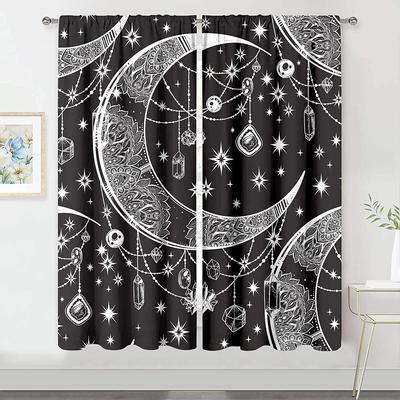 Moon Stars Curtains for Kids, Thin Shading Curtain for Living Room, Bedroom, Home Decor Hook, Black and White, 2 PCs