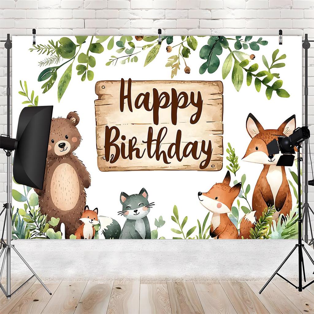 1 piece of a forest animal birthday backdrop featuring bears foxes and green plants - suitable for indoor/outdoor parties