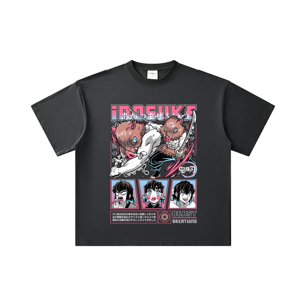 260 GSM Double Yarn 32 Count 100% Cotton Demon Slayer V28 Inosuke Print Unisex Heavy Cotton T Shirt
