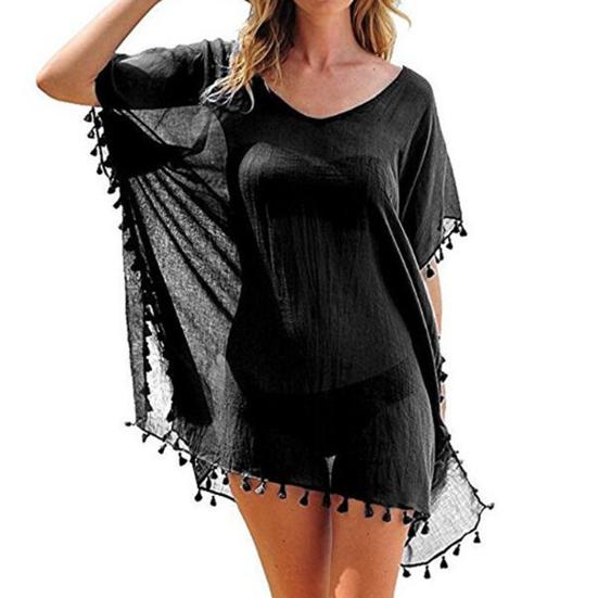 Swimsuit Cover Up Solid Color Loose Bikini Dress See-through Tassel for Holiday