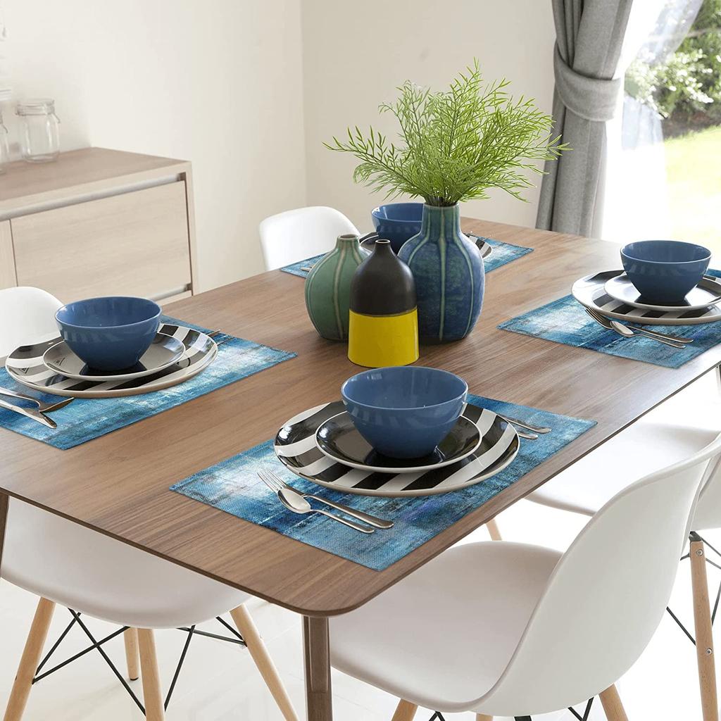 Sorfbliss Modern Art Placemats Set of 4 Blue and Grey Abstract Painting Place Mats for Dining Table Home Party Decor 18x12 Inch