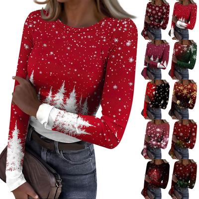 Women's  Slim Bottom T-shirt Fashion Casual Gradient Printing Round Neck Pullover Long Sleeve Top