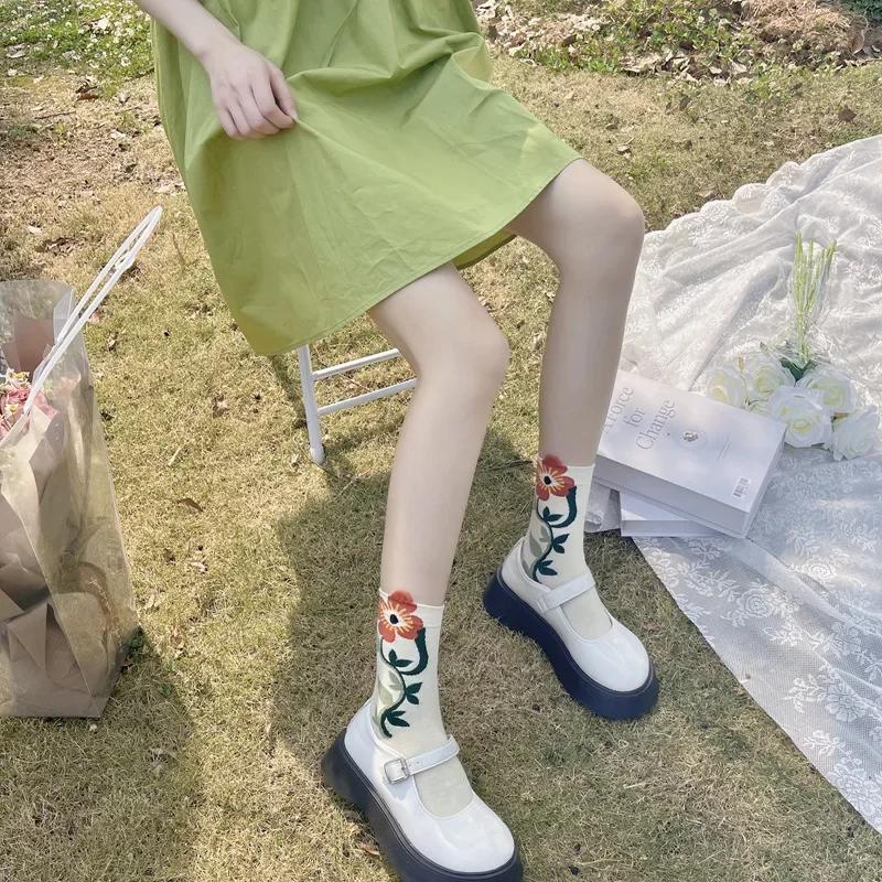 Women Socks Korean Japanese Style Cartoon Green Flower Harajuku Cute Kawaii Mid Tube Socks Breathable Casual Short  Cotton Socks