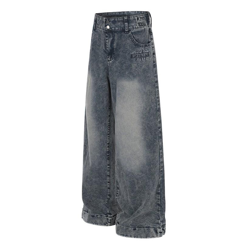 Mens Washed Distressed Wide Leg Pants Punk Retro Straight Trousers Casual Streetwear