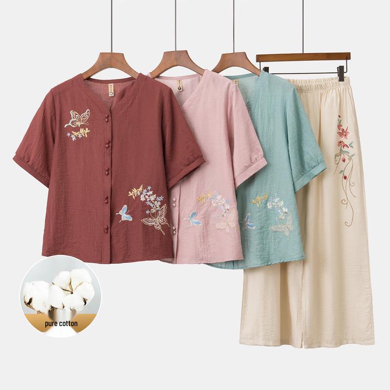 Yuzhaolin Women s New Chinese Style Embroidered Cotton Two-Piece Set 5XL