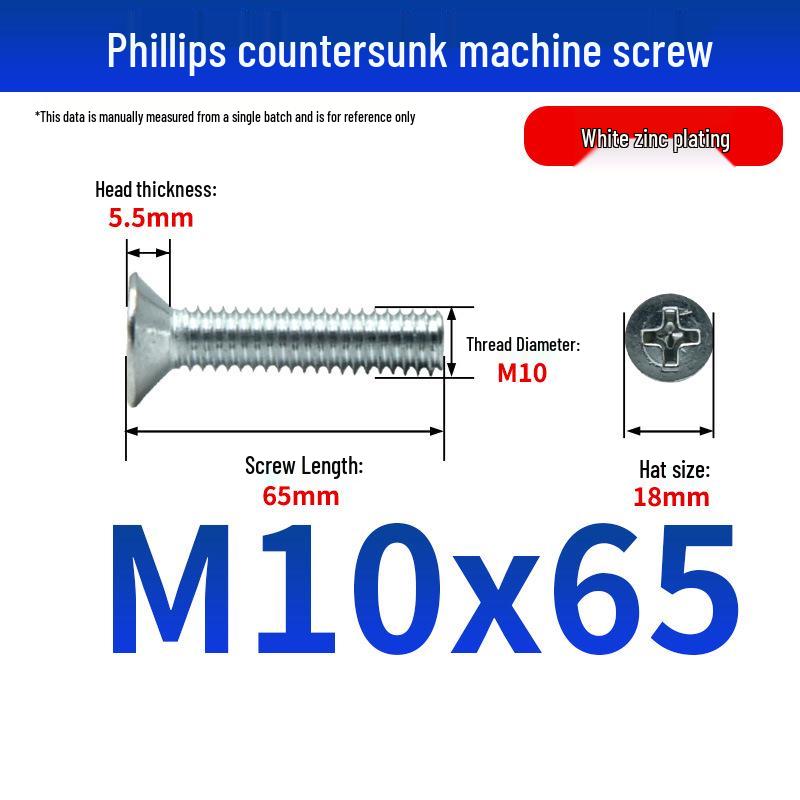 White Zinc Plated Cross Recessed Countersunk Head Screws & Bolts, Machine Thread, M3-M12