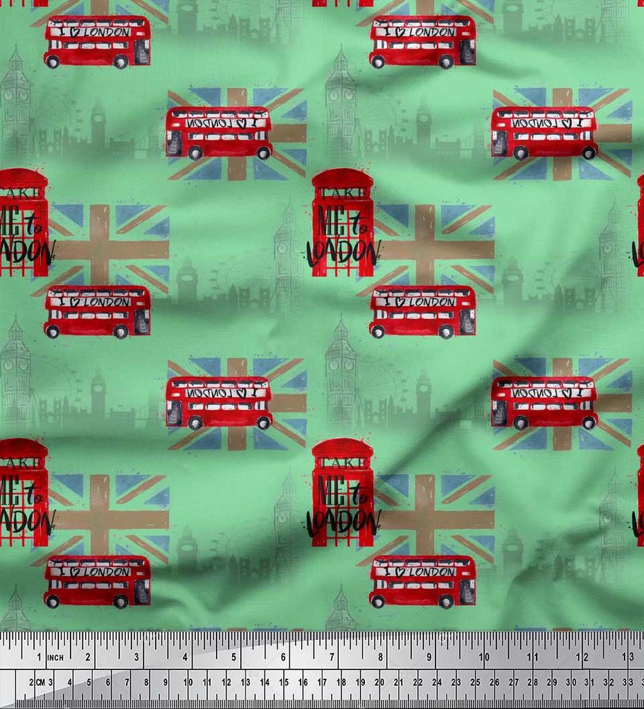 Soimoi Green Japan Crepe Satin Fabric London Theme Architectural Print Sewing Fabric Metre 42 Inch