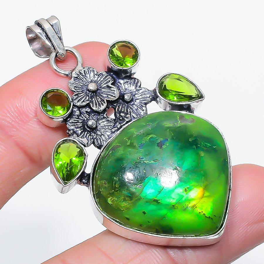 Natural Green Labradorite, Peridot 925 Sterling Silver Pendant 2.25" s8d46