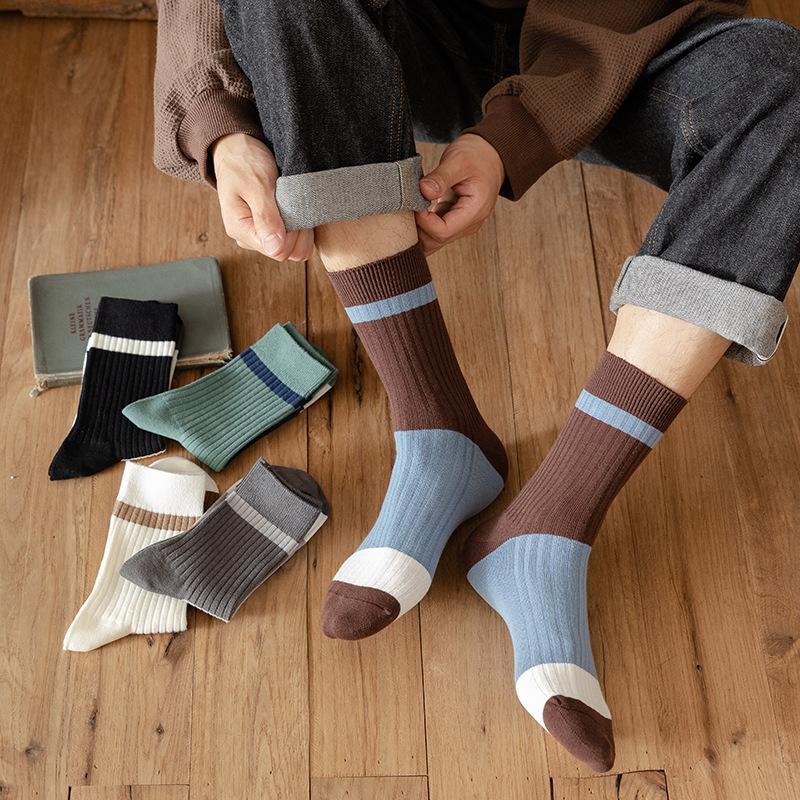 Men's Spring and Autumn Pure Color Cotton Striped Color Tube Socks