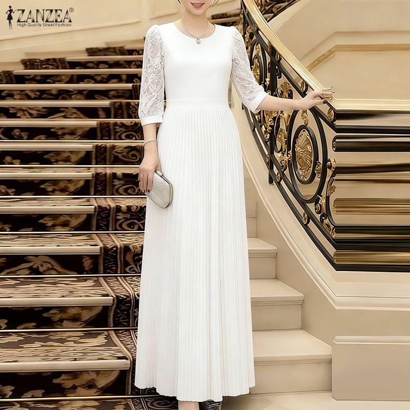 ZANZEA Women Casual Round Neck Lace Splice 3/4 Sleeve Long Dress