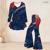 Women Plus Size Round Neck Three Quarter Sleeve Printed Red White Blue Flared Top And Flared Pants Set