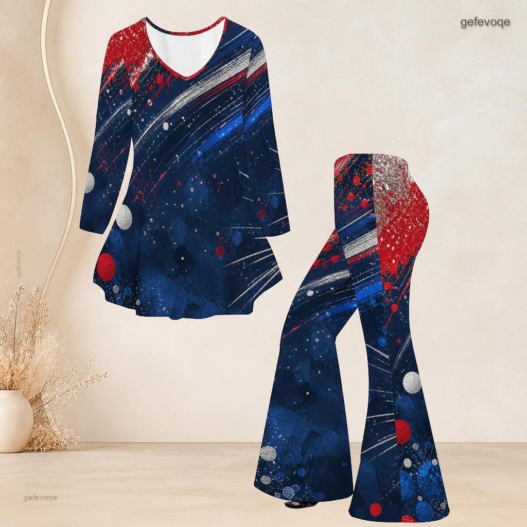 Women Plus Size Round Neck Three Quarter Sleeve Printed Red White Blue Flared Top And Flared Pants Set