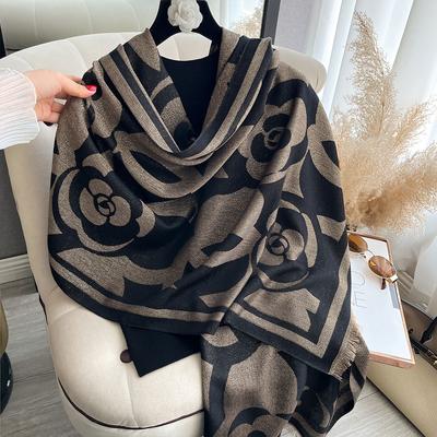 Thin New Silk Scarf Double-sided Gold Thread Imitation Cashmere Scarf Warm Shawl Camellia Travel Scarf